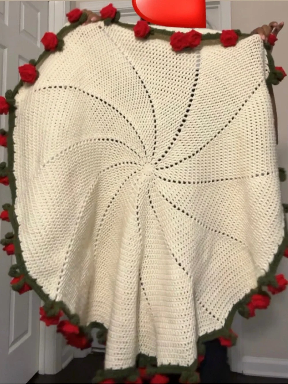 Cream Crochet blanket with Red Rose Trim